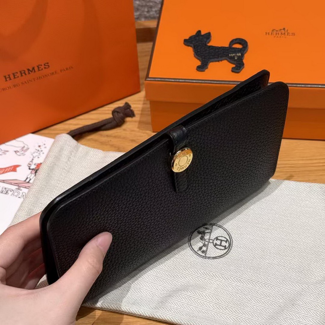 Hermes Dogon Compact Wallet Handmade In Togo Calfskin Leather Gold Hardware 89 Noir - Image 14