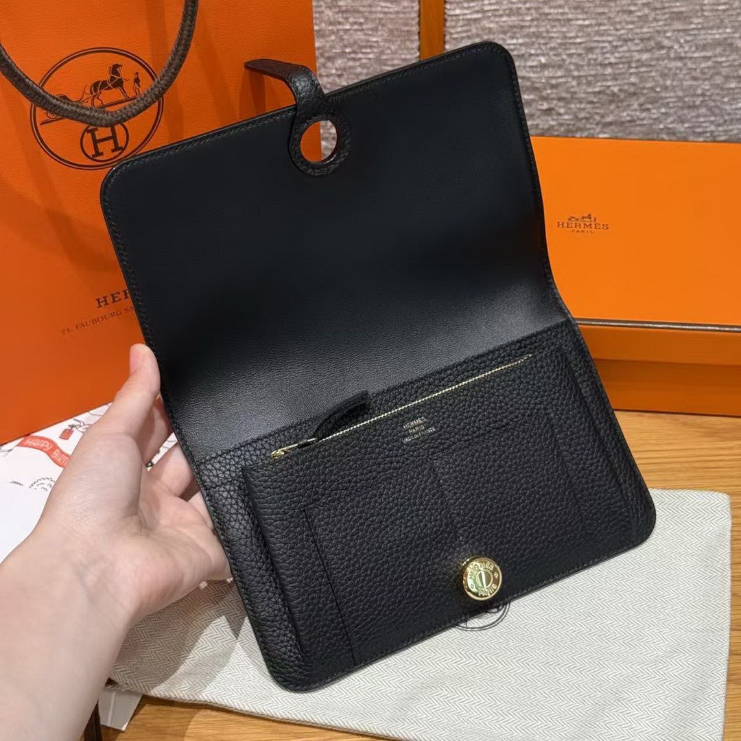 Hermes Dogon Compact Wallet Handmade In Togo Calfskin Leather Gold Hardware 89 Noir - Image 13