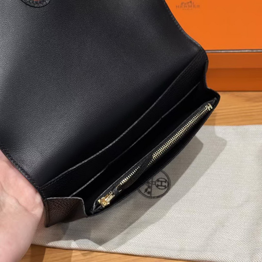 Hermes Dogon Compact Wallet Handmade In Togo Calfskin Leather Gold Hardware 89 Noir - Image 6