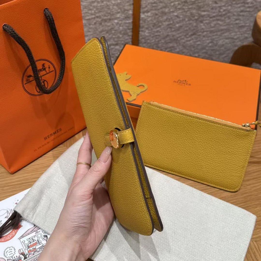 Hermes Dogon Compact Wallet Handmade In Togo Calfskin Leather Gold Hardware 9D Jaune Ambre - Image 15