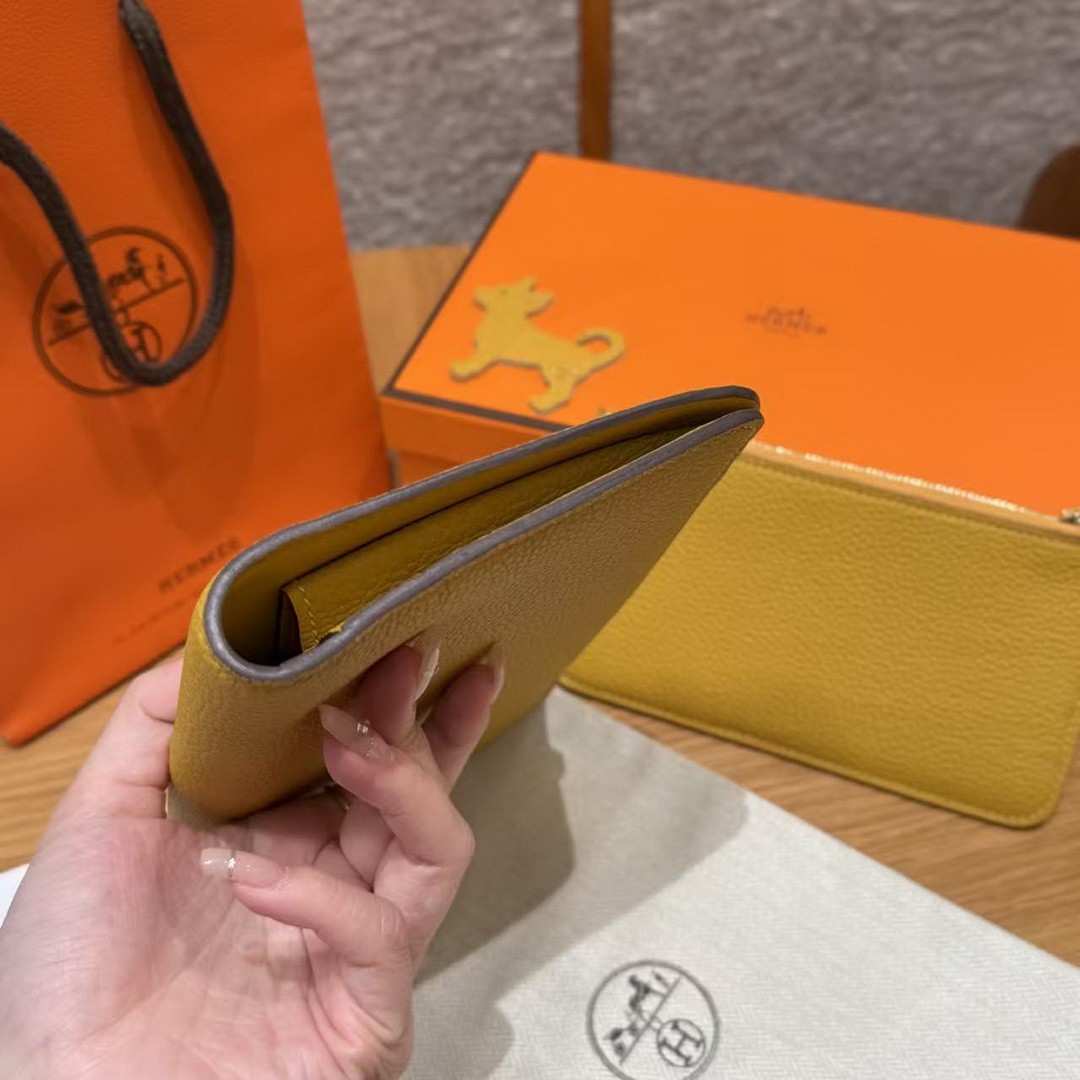Hermes Dogon Compact Wallet Handmade In Togo Calfskin Leather Gold Hardware 9D Jaune Ambre - Image 13