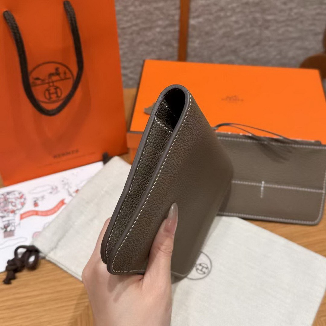 Hermes Dogon Compact Wallet Handmade In Togo Calfskin Leather Silver Hardware 18 Etoupe - Image 16