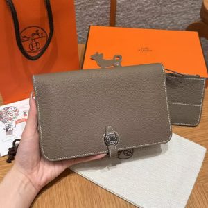 Hermes Dogon Compact Wallet Handmade In Togo Calfskin Leather Silver Hardware 18 Etoupe - Image 12