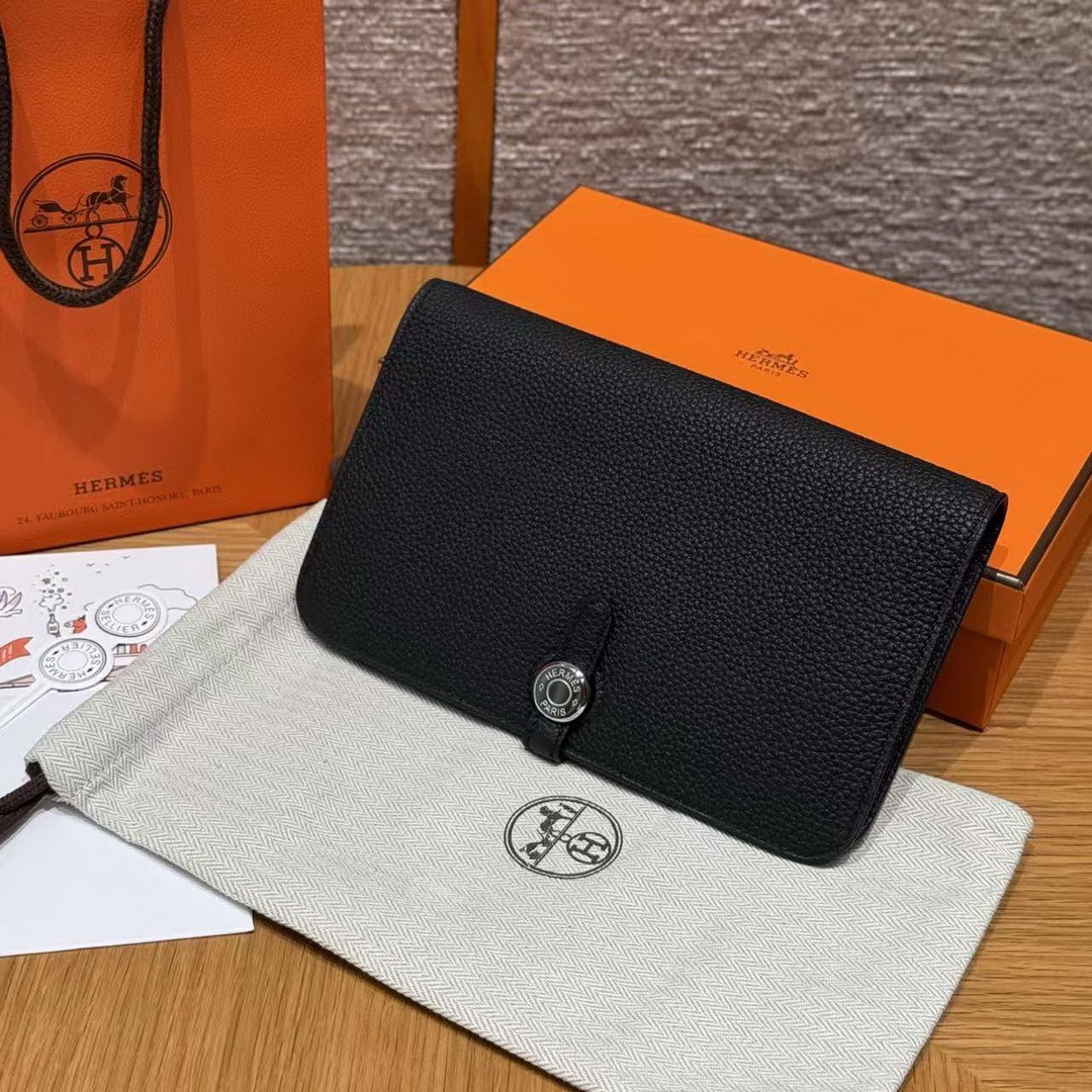Hermes Dogon Compact Wallet Handmade In Togo Calfskin Leather Silver Hardware 89 Noir