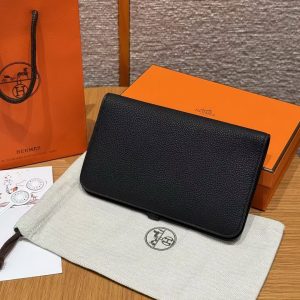 Alternative view of Hermes Dogon Compact Wallet Handmade In Togo Calfskin Leather Silver Hardware 89 Noir