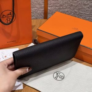 Hermes Dogon Compact Wallet Handmade In Togo Calfskin Leather Silver Hardware 89 Noir - Image 16
