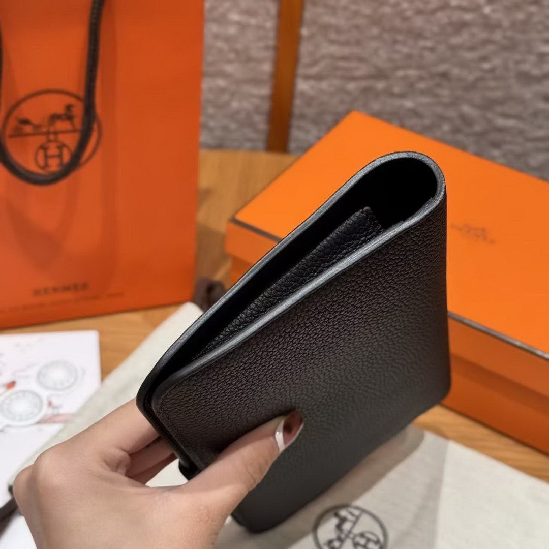 Hermes Dogon Compact Wallet Handmade In Togo Calfskin Leather Silver Hardware 89 Noir - Image 15