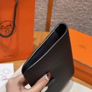 Hermes Dogon Compact Wallet Handmade In Togo Calfskin Leather Silver Hardware 89 Noir - Image 14