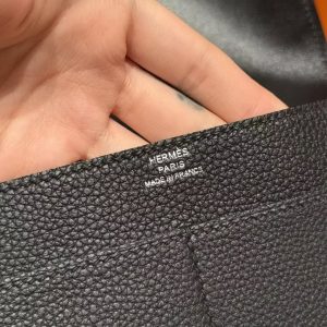 Hermes Dogon Compact Wallet Handmade In Togo Calfskin Leather Silver Hardware 89 Noir - Image 11