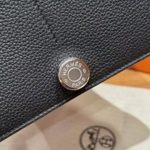 Hermes Dogon Compact Wallet Handmade In Togo Calfskin Leather Silver Hardware 89 Noir - Image 10