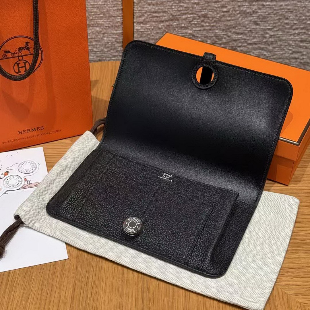 Hermes Dogon Compact Wallet Handmade In Togo Calfskin Leather Silver Hardware 89 Noir - Image 9
