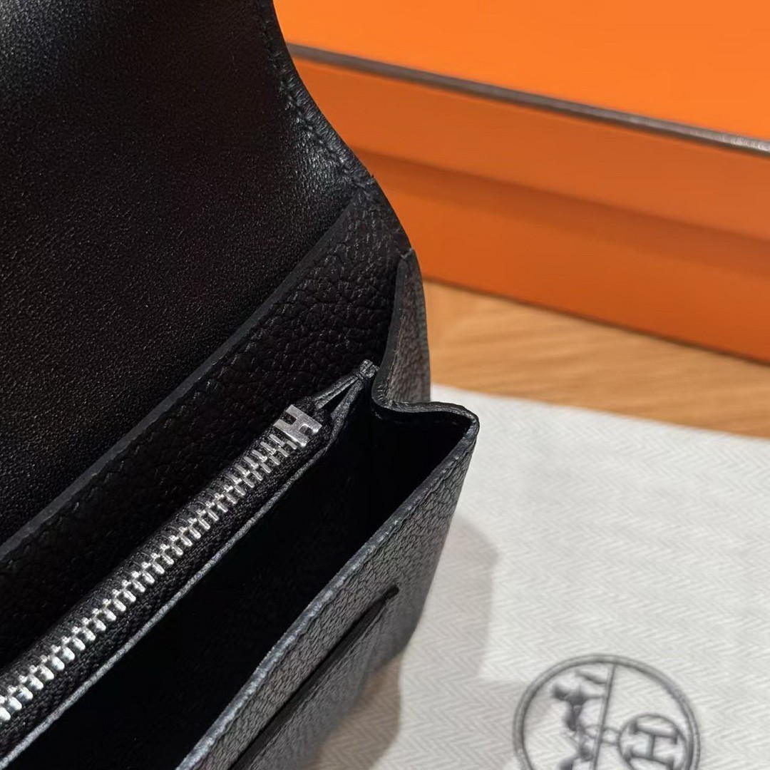 Hermes Dogon Compact Wallet Handmade In Togo Calfskin Leather Silver Hardware 89 Noir - Image 8