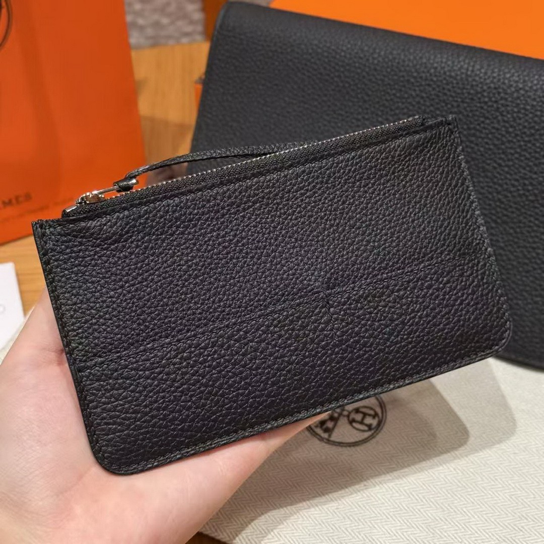 Hermes Dogon Compact Wallet Handmade In Togo Calfskin Leather Silver Hardware 89 Noir - Image 6