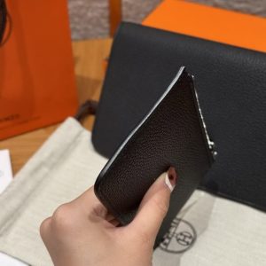 Hermes Dogon Compact Wallet Handmade In Togo Calfskin Leather Silver Hardware 89 Noir - Image 4