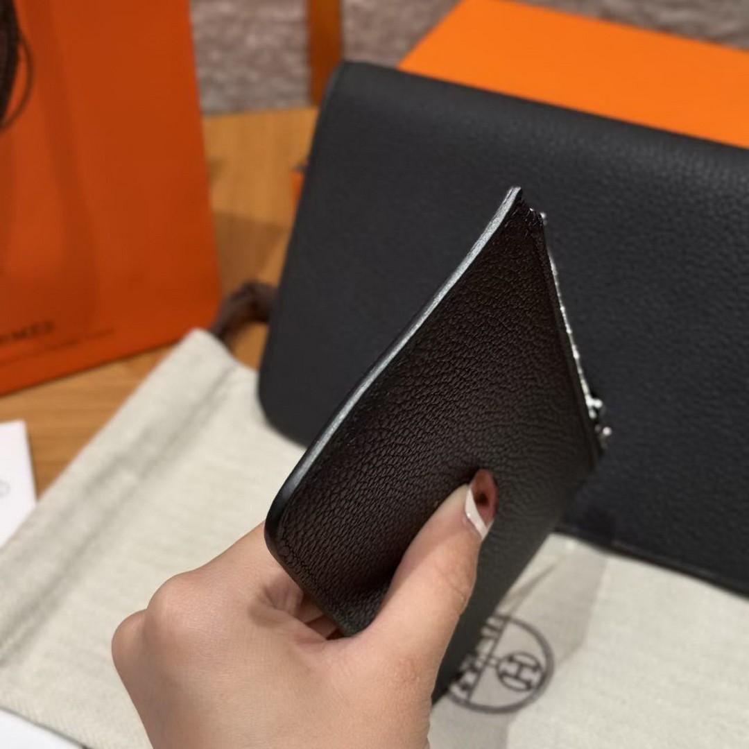 Hermes Dogon Compact Wallet Handmade In Togo Calfskin Leather Silver Hardware 89 Noir - Image 4