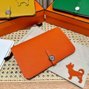 Alternative view of Hermes Dogon Compact Wallet Handmade In Togo Calfskin Leather Silver Hardware 93 Orange