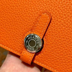 Hermes Dogon Compact Wallet Handmade In Togo Calfskin Leather Silver Hardware 93 Orange - Image 16