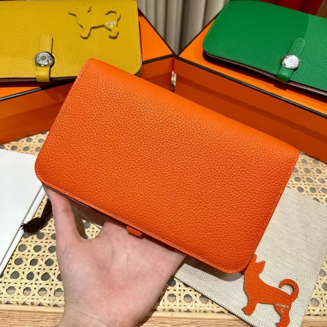 Hermes Dogon Compact Wallet Handmade In Togo Calfskin Leather Silver Hardware 93 Orange - Image 15