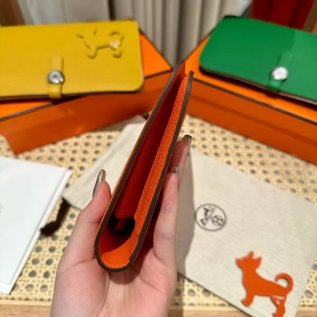 Hermes Dogon Compact Wallet Handmade In Togo Calfskin Leather Silver Hardware 93 Orange - Image 14