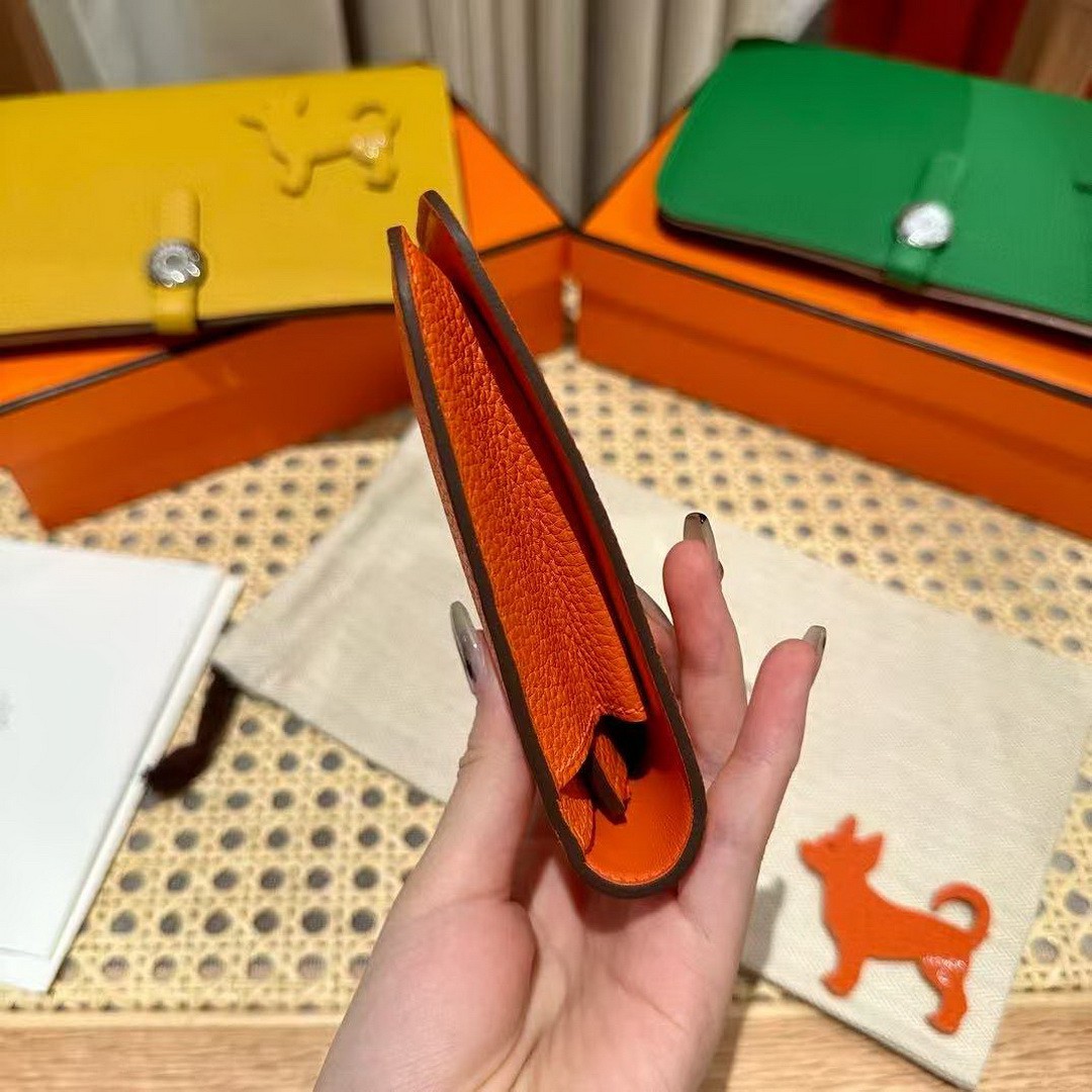 Hermes Dogon Compact Wallet Handmade In Togo Calfskin Leather Silver Hardware 93 Orange - Image 13