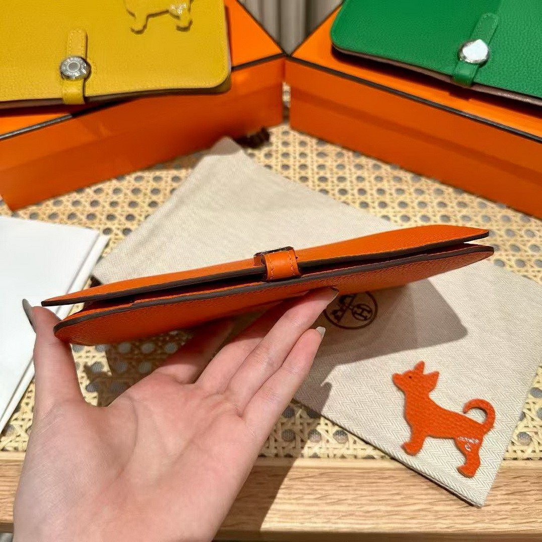 Hermes Dogon Compact Wallet Handmade In Togo Calfskin Leather Silver Hardware 93 Orange - Image 12