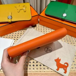 Hermes Dogon Compact Wallet Handmade In Togo Calfskin Leather Silver Hardware 93 Orange - Image 11