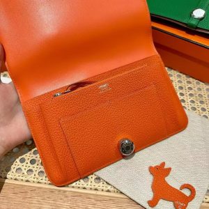 Hermes Dogon Compact Wallet Handmade In Togo Calfskin Leather Silver Hardware 93 Orange - Image 9