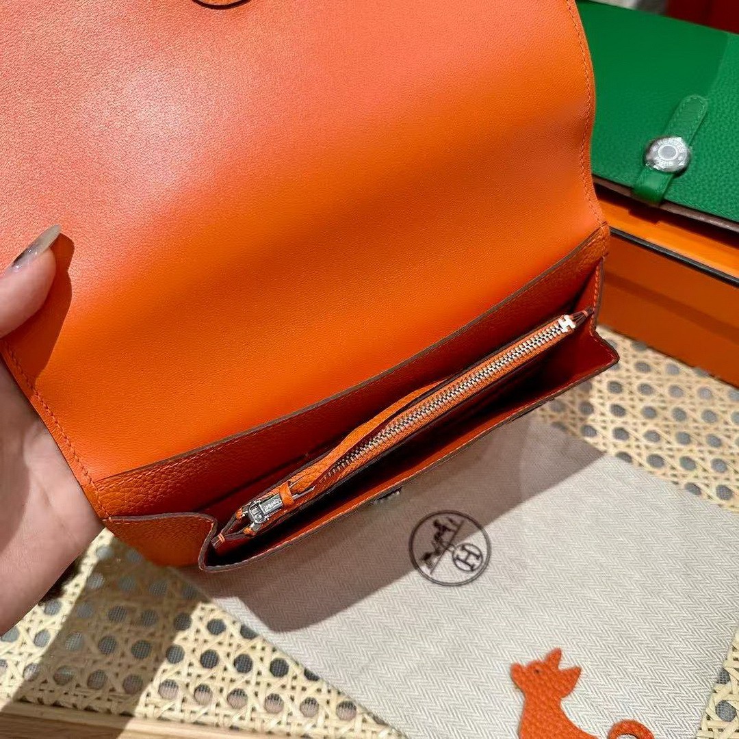 Hermes Dogon Compact Wallet Handmade In Togo Calfskin Leather Silver Hardware 93 Orange - Image 8