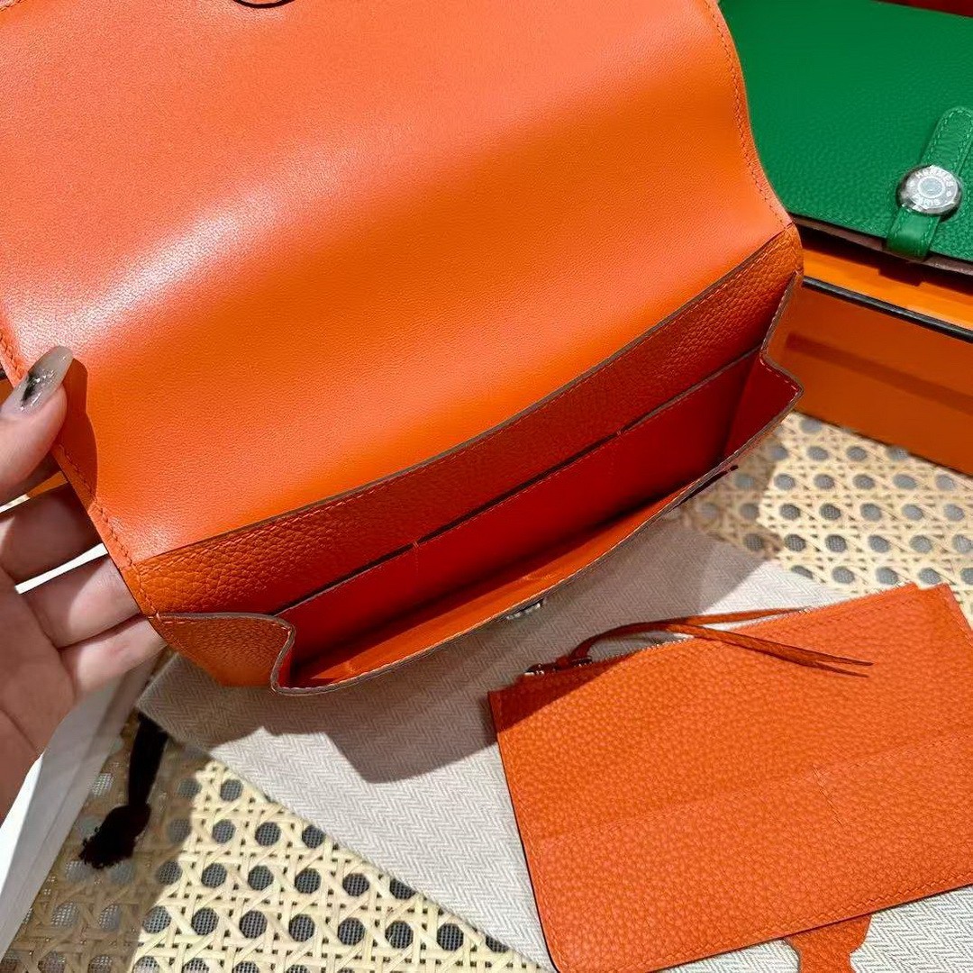 Hermes Dogon Compact Wallet Handmade In Togo Calfskin Leather Silver Hardware 93 Orange - Image 7