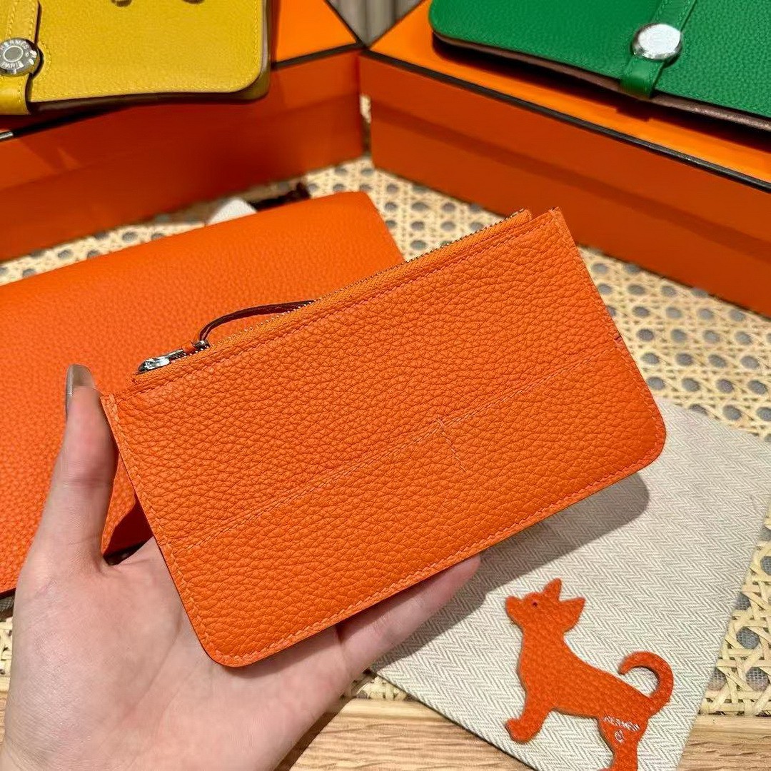 Hermes Dogon Compact Wallet Handmade In Togo Calfskin Leather Silver Hardware 93 Orange - Image 6