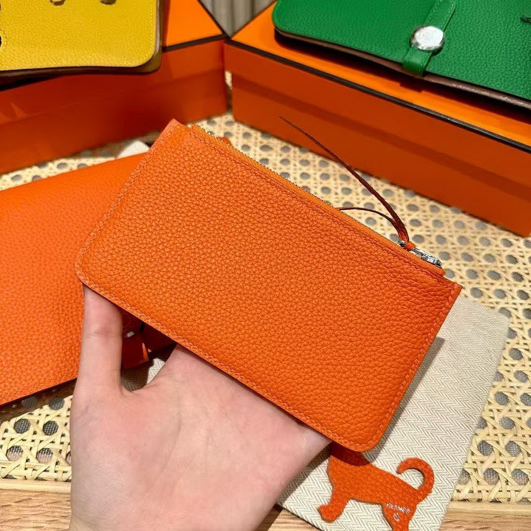 Hermes Dogon Compact Wallet Handmade In Togo Calfskin Leather Silver Hardware 93 Orange - Image 5