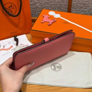 Hermes Dogon Compact Wallet Handmade In Togo Calfskin Leather Silver Hardware K4 Rose D'ete - Image 14