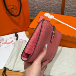 Hermes Dogon Compact Wallet Handmade In Togo Calfskin Leather Silver Hardware K4 Rose D'ete - Image 11