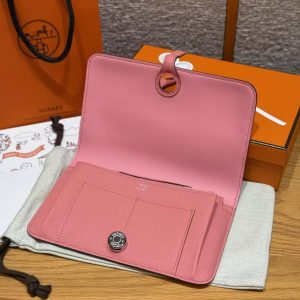 Hermes Dogon Compact Wallet Handmade In Togo Calfskin Leather Silver Hardware K4 Rose D'ete - Image 9