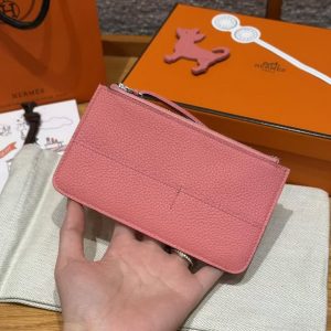 Hermes Dogon Compact Wallet Handmade In Togo Calfskin Leather Silver Hardware K4 Rose D'ete - Image 6