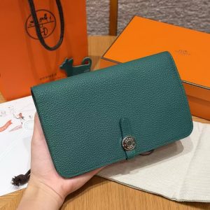 Hermes Dogon Compact Wallet Handmade In Togo Calfskin Leather Silver Hardware z6 Makachite