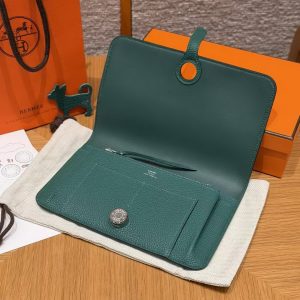 Hermes Dogon Compact Wallet Handmade In Togo Calfskin Leather Silver Hardware z6 Makachite - Image 15