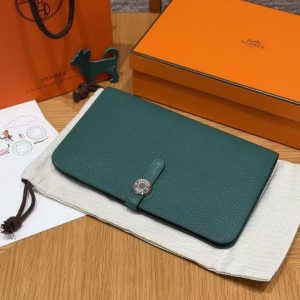 Hermes Dogon Compact Wallet Handmade In Togo Calfskin Leather Silver Hardware z6 Makachite - Image 12