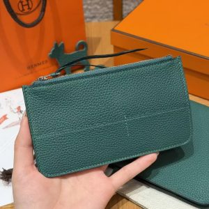 Hermes Dogon Compact Wallet Handmade In Togo Calfskin Leather Silver Hardware z6 Makachite - Image 6
