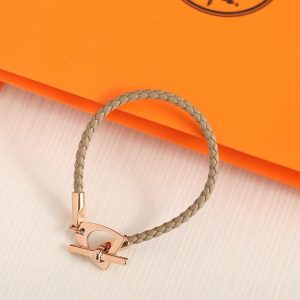 Hermes Etrier Bracelet Rose Gold Swift Calfskin and Metal Étoupe H100016FO18T2 - Image 5