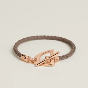 Hermes Etrier Bracelet Rose Gold Swift Calfskin and Metal Étoupe H100016FO18T2