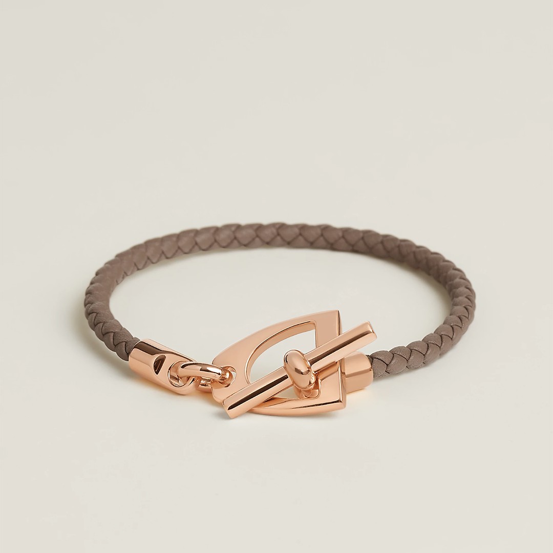 Hermes Etrier Bracelet Rose Gold Swift Calfskin and Metal Étoupe H100016FO18T2