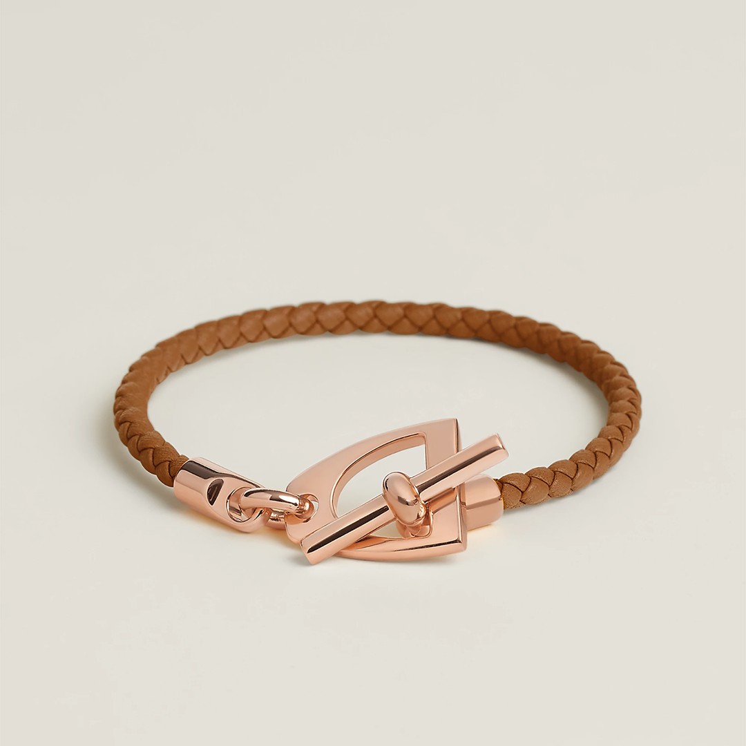 Hermes Etrier Bracelet Rose Gold Swift Calfskin and Metal Gold H100016FO37T2