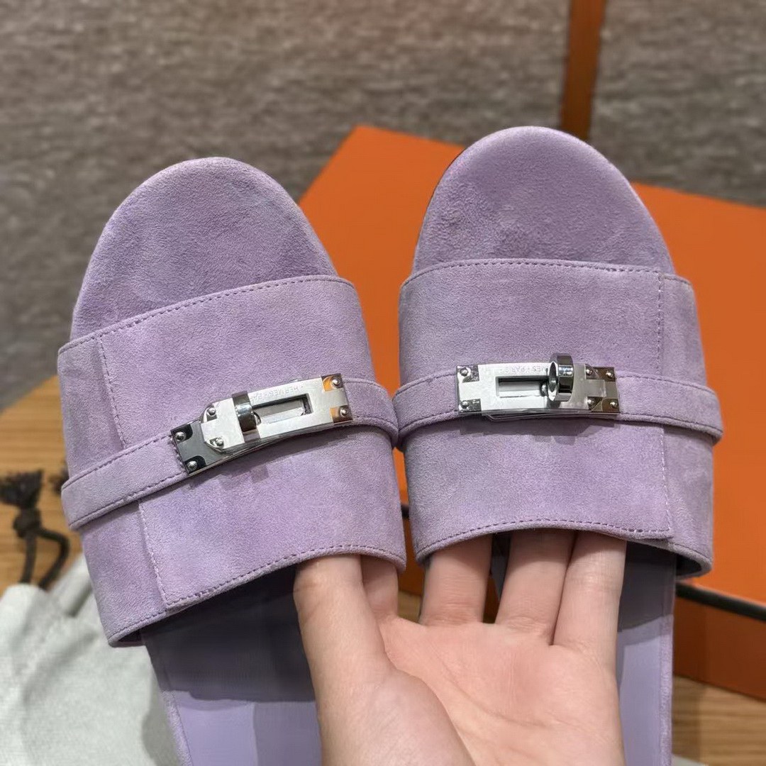 Hermes Gigi 50 Sandal Women High Heel Sandal Suede Goatskin Silver Kelly Buckle Violet Glycine H252152Z VY350 - Image 5