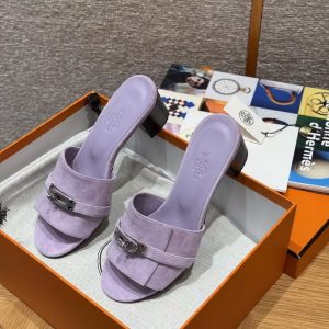 Hermes Gigi 50 Sandal Women High Heel Sandal Suede Goatskin Silver Kelly Buckle Violet Glycine H252152Z VY350 - Image 8