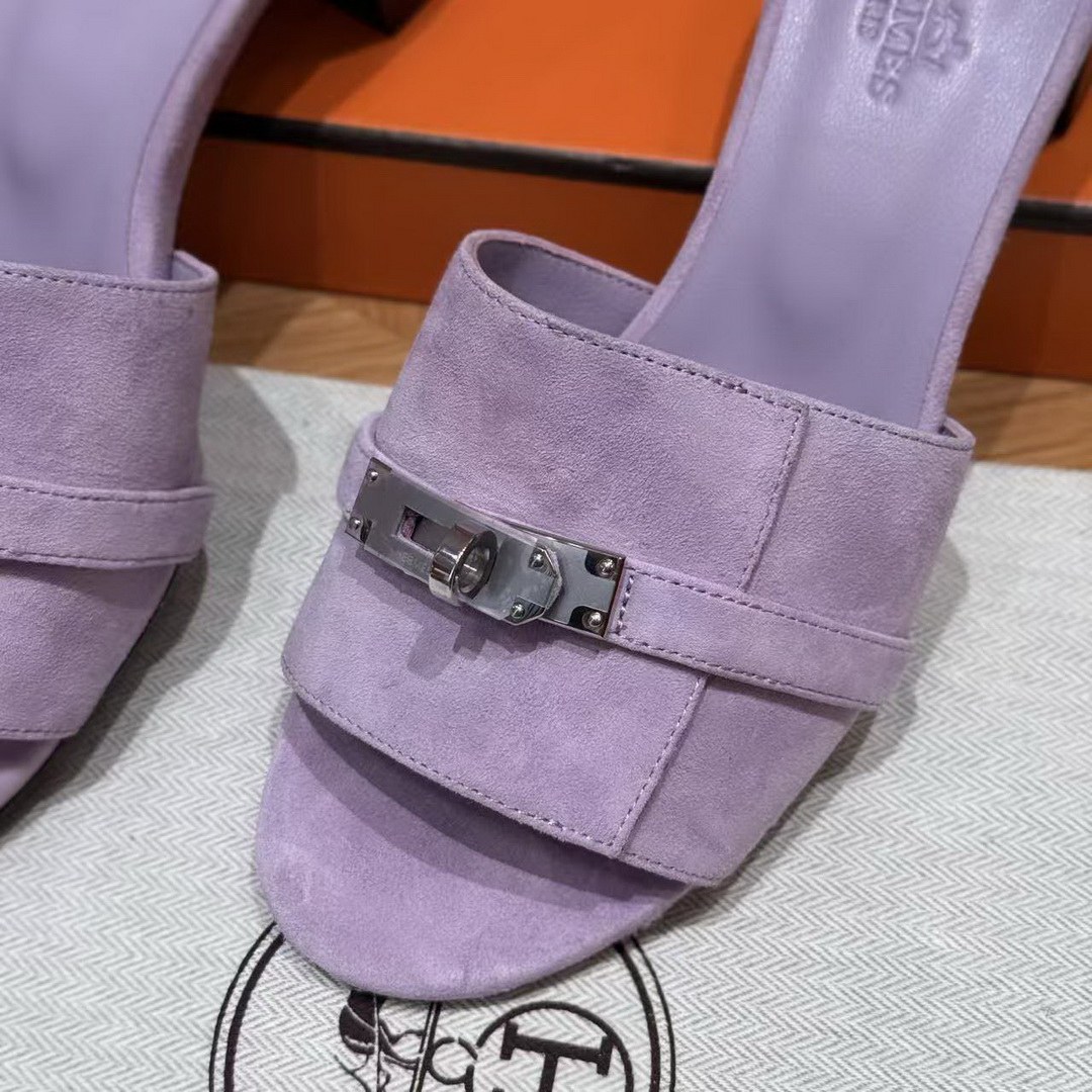 Hermes Gigi 50 Sandal Women High Heel Sandal Suede Goatskin Silver Kelly Buckle Violet Glycine H252152Z VY350 - Image 7