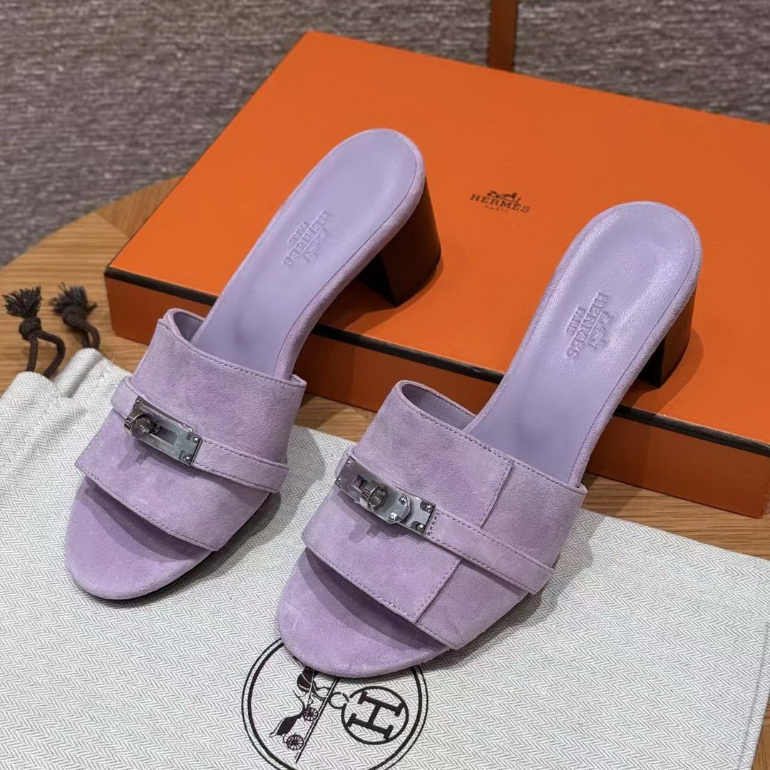 Hermes Gigi 50 Sandal Women High Heel Sandal Suede Goatskin Silver Kelly Buckle Violet Glycine H252152Z VY350 - Image 2