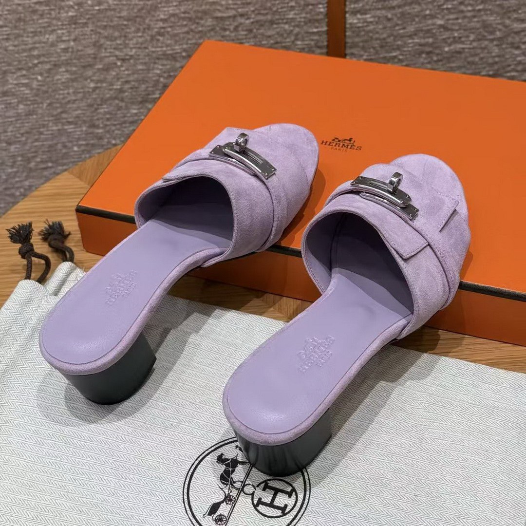 Hermes Gigi 50 Sandal Women High Heel Sandal Suede Goatskin Silver Kelly Buckle Violet Glycine H252152Z VY350 - Image 11