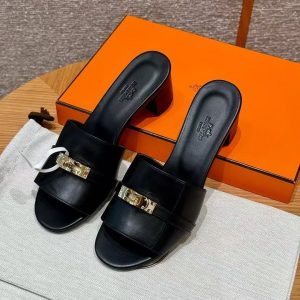 Alternative view of Hermes Gigi 50 Sandal Women High Heel Sandal Calfskin Gold Kelly Buckle Noir H232131Z 02360