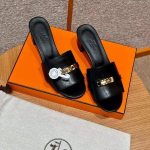 Hermes Gigi 50 Sandal Women High Heel Sandal Calfskin Gold Kelly Buckle Noir H232131Z 02360 - Image 11